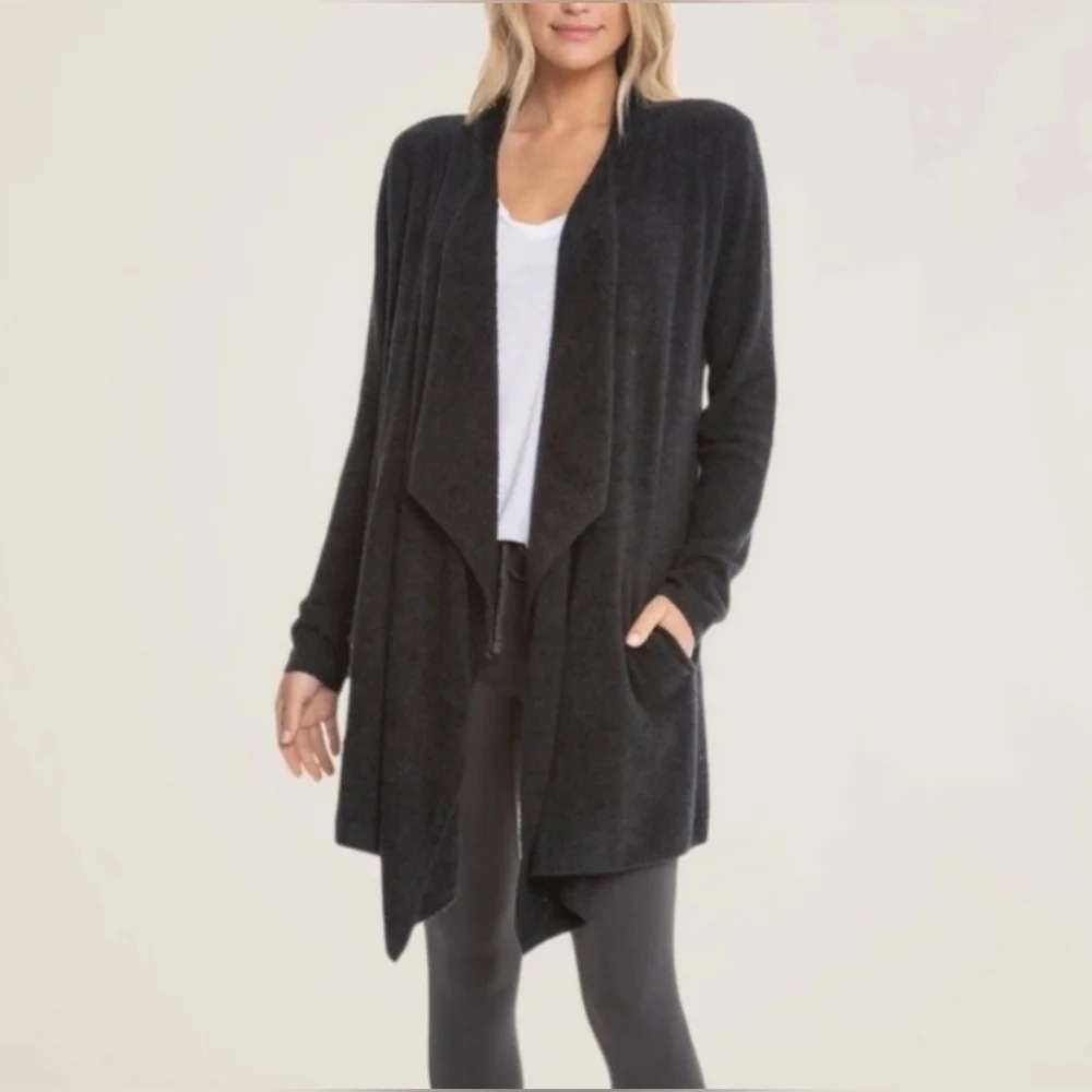 Barefoot Dreams CozyChic Lite Island Wrap Drapey Cardigan Sweater Black